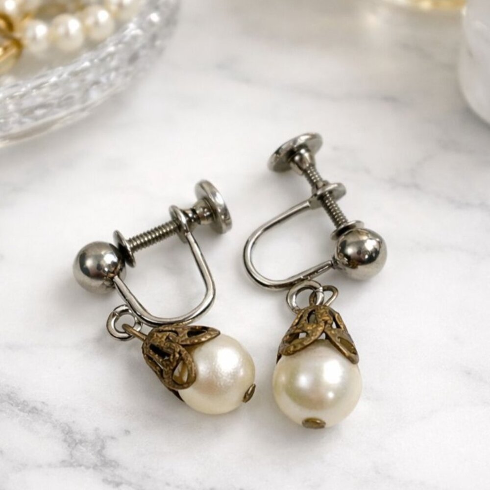 VTG Faux Pearl Drop Screw Back Earrings Brass Filigree Caps Dainty Romantic Clas
